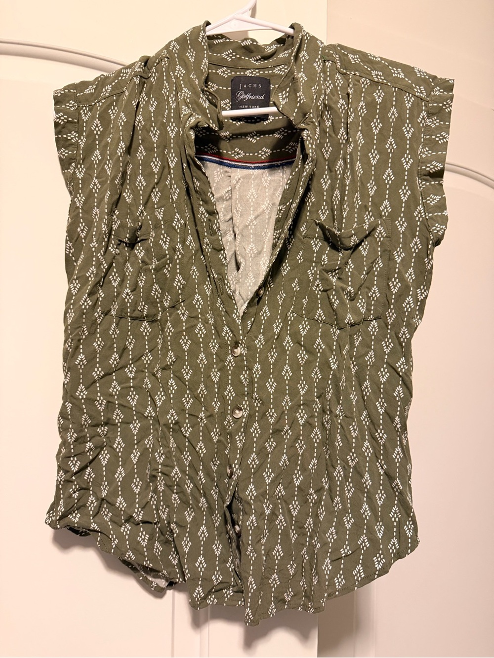 J. Crew Olive Green Short Sleeve Button Front Blouse with White Diamond Print